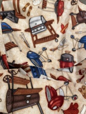 Barbecue Tools Print Scrub Top - Cream, Red, Blue, Brown fabric scraps
